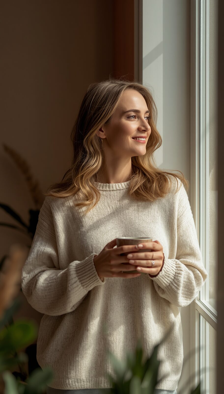 Calm yoga teacher relaxed after handing off her Instagram content