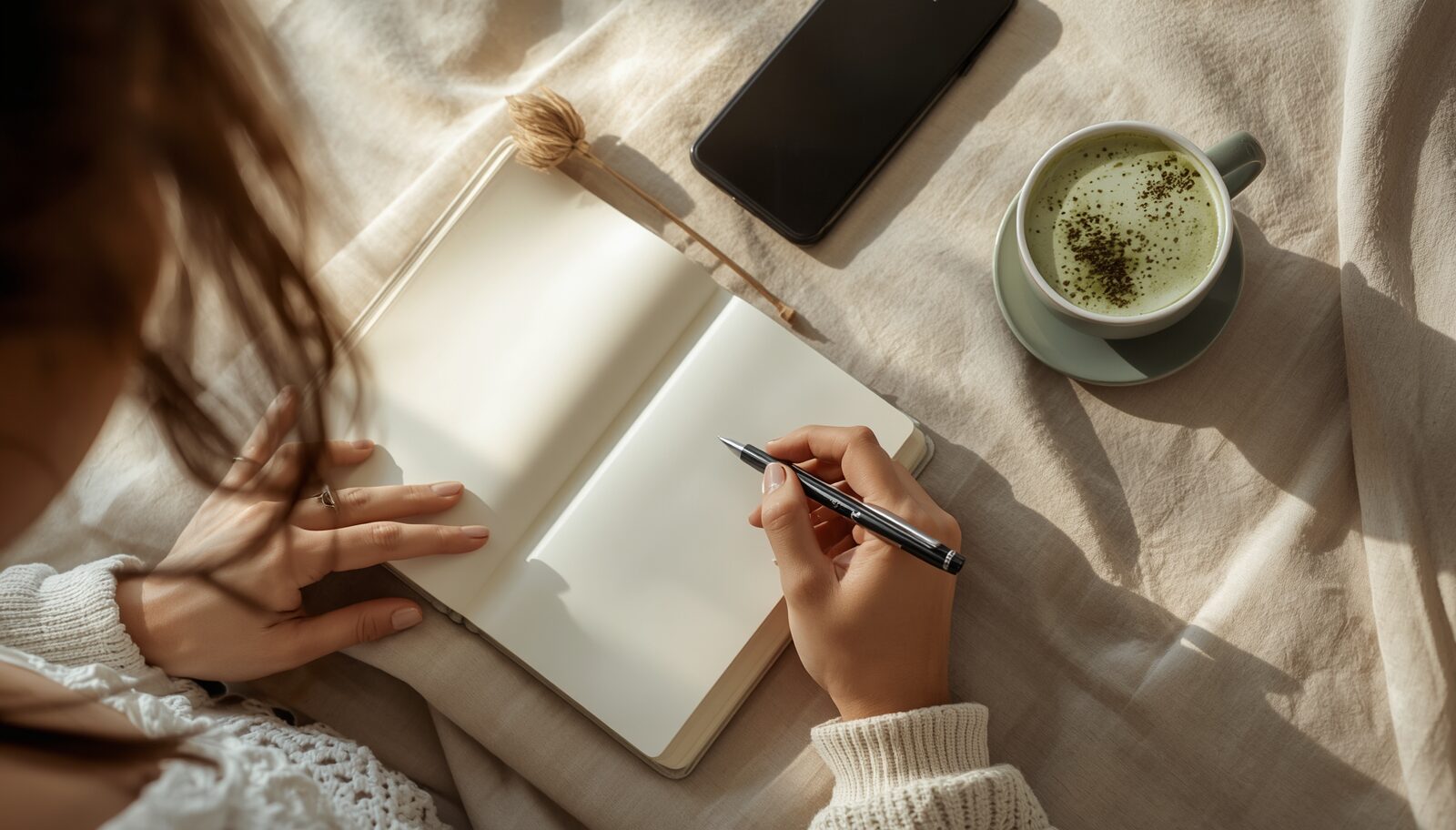 Yoga teacher planning Instagram content with notebook and phone