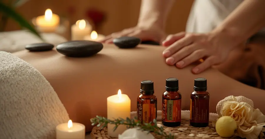 Warm massage studio scene with candles and hot stones